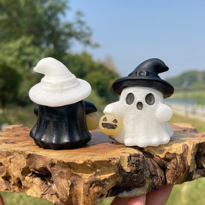 Natural Crystal Carving Witch Hat Ghost With Pumpkin Lantern