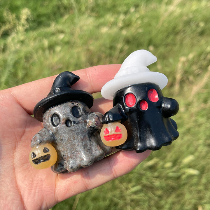 Natural Crystal Carving Witch Hat Ghost With Pumpkin Lantern