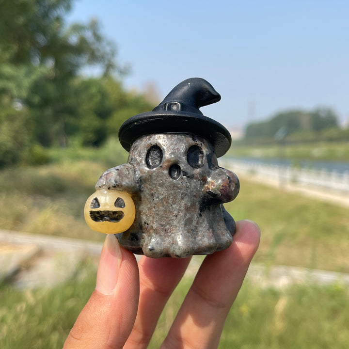 Natural Crystal Carving Witch Hat Ghost With Pumpkin Lantern