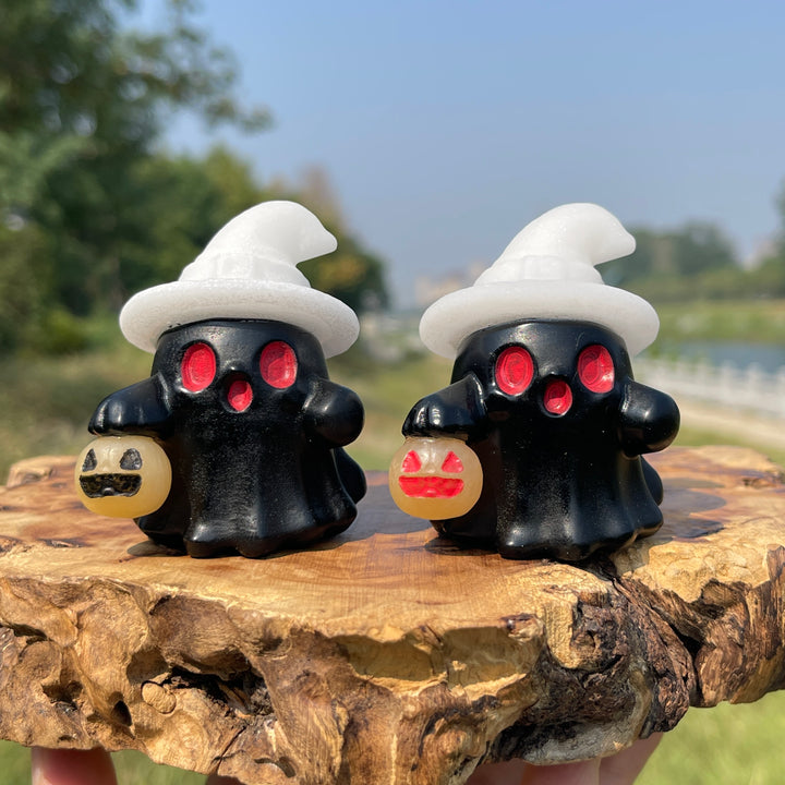 Natural Crystal Carving Witch Hat Ghost With Pumpkin Lantern