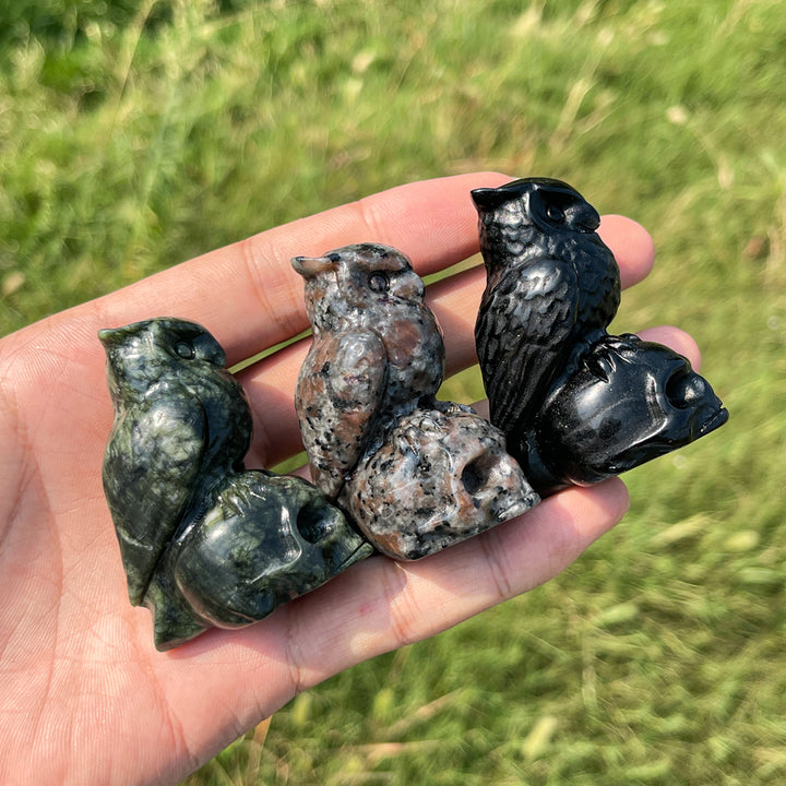 Natural Crystal Owl-On-Skull Carving