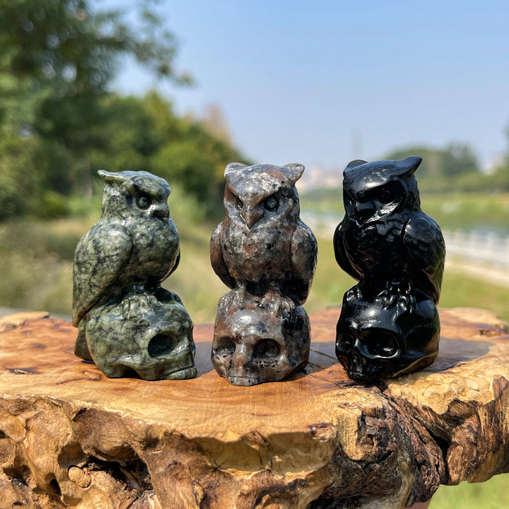 Natural Crystal Owl-On-Skull Carving