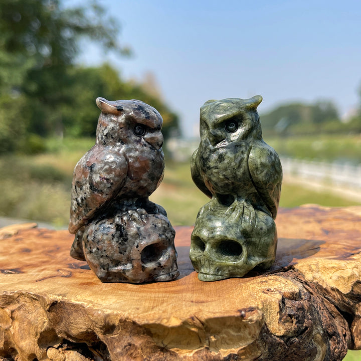 Natural Crystal Owl-On-Skull Carving