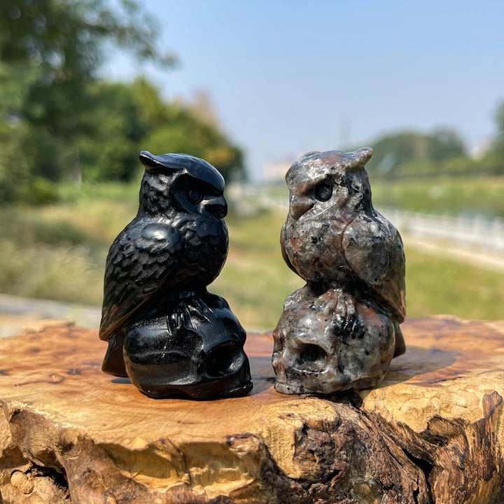 Natural Crystal Owl-On-Skull Carving