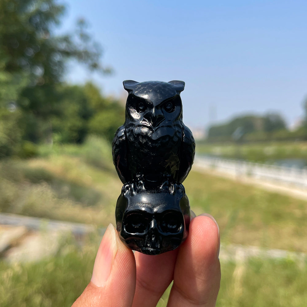 Natural Crystal Owl-On-Skull Carving