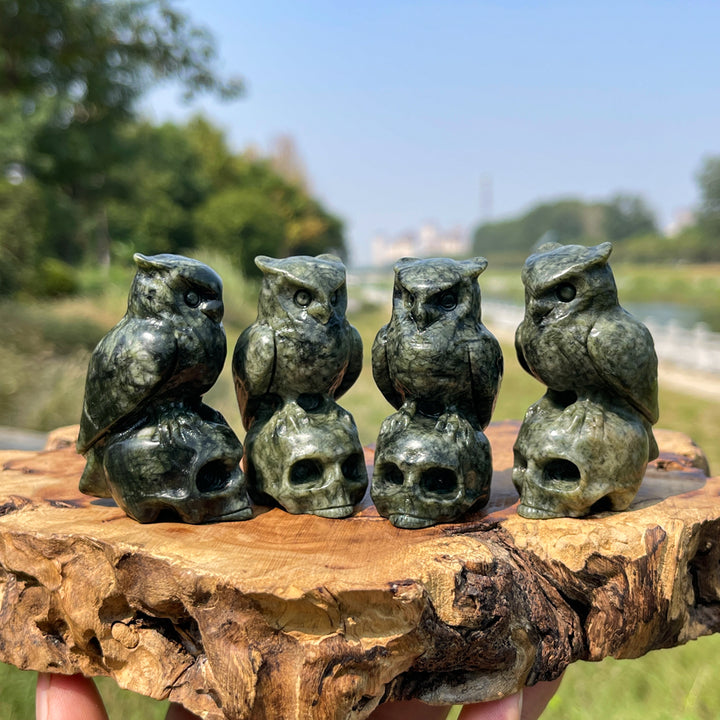 Natural Crystal Owl-On-Skull Carving