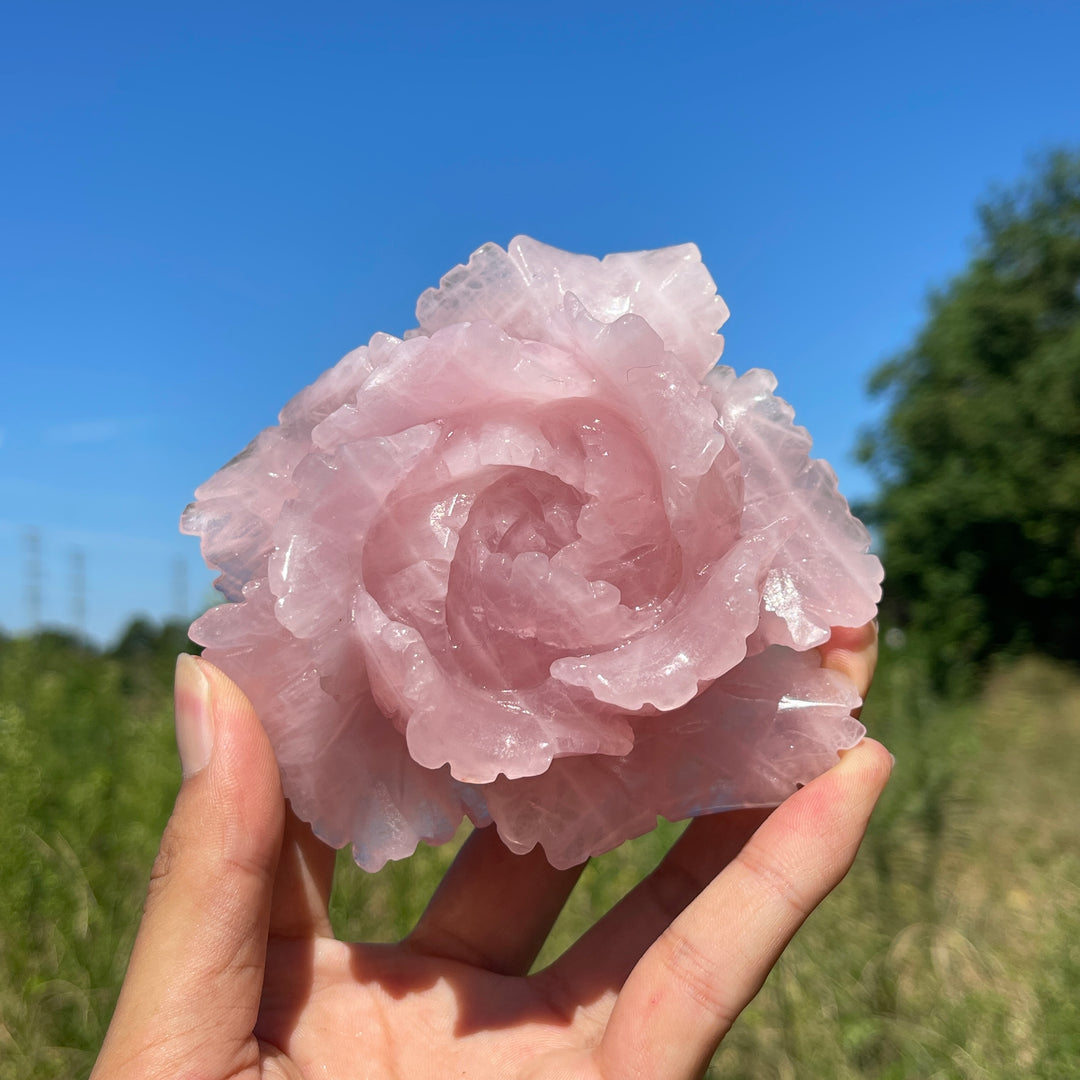 Unique,A Slightly Imperfect Natural Crystal Carving Rose Quartz Peony Flower