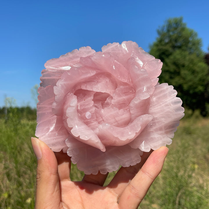 Unique,A Slightly Imperfect Natural Crystal Carving Rose Quartz Peony Flower