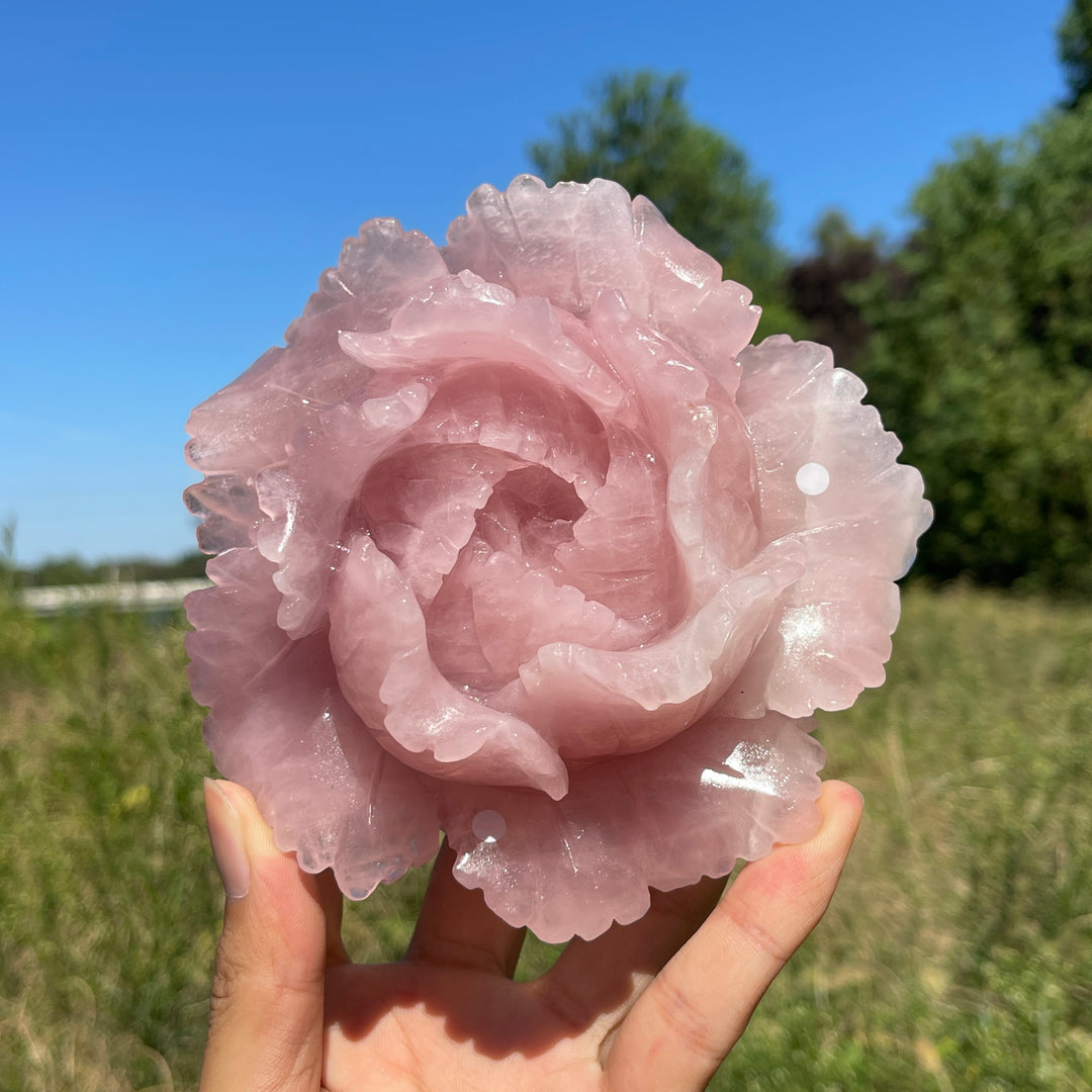 Unique,A Slightly Imperfect Natural Crystal Carving Rose Quartz Peony Flower