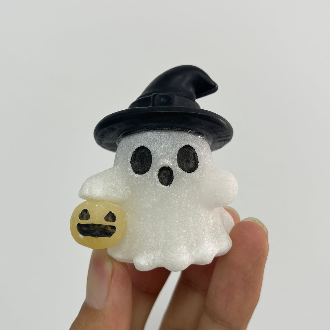 Natural Crystal Carving Witch Hat Ghost With Pumpkin Lantern