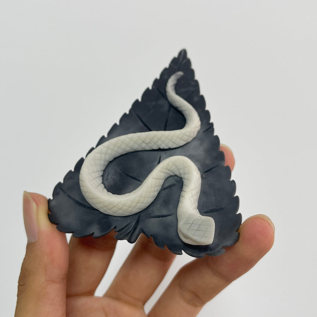 Unique, Natural TaiJi Stone Snake On Leaf Carving
