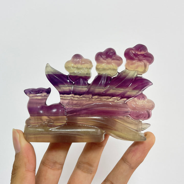 Unique,Natural Crystal Carving Fluorite Nine-Tailed Fox With Blooms