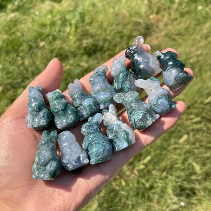 Natural Crystal Carving Moss Agate Cute Rabbit