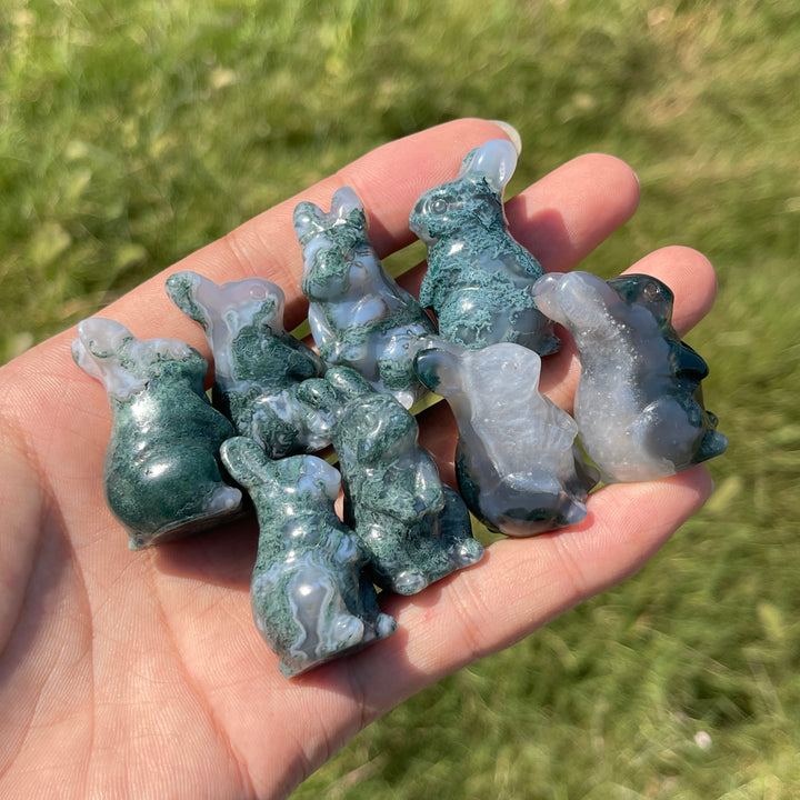 Natural Crystal Carving Moss Agate Cute Rabbit