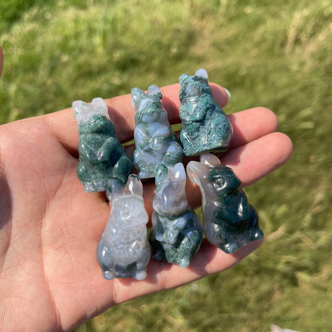 Natural Crystal Carving Moss Agate Cute Rabbit