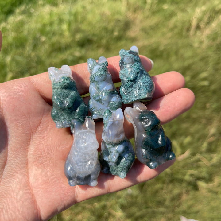 Natural Crystal Carving Moss Agate Cute Rabbit