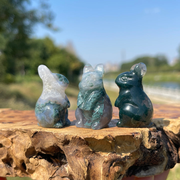 Natural Crystal Carving Moss Agate Cute Rabbit
