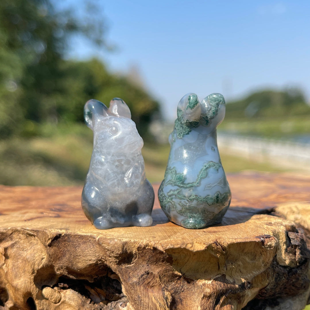 Natural Crystal Carving Moss Agate Cute Rabbit