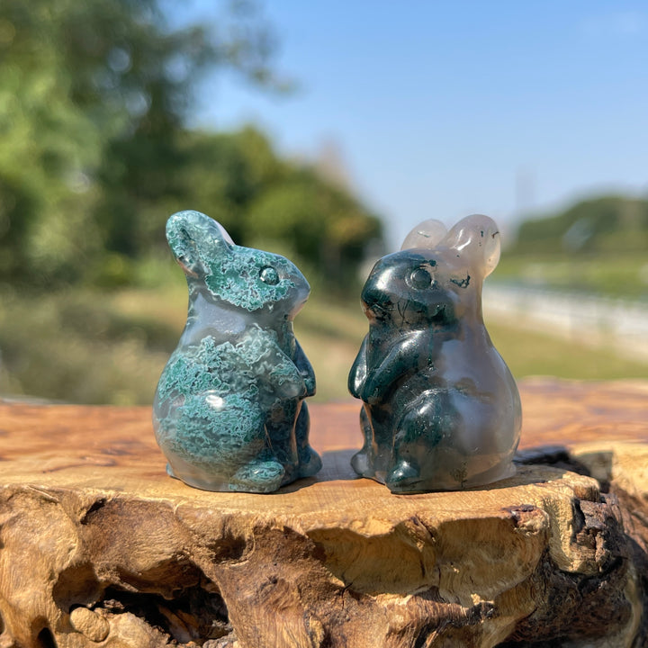 Natural Crystal Carving Moss Agate Cute Rabbit