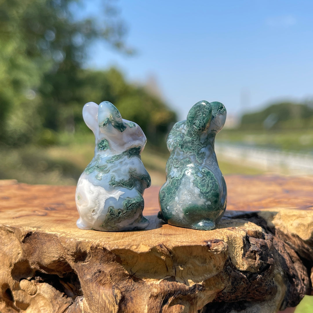 Natural Crystal Carving Moss Agate Cute Rabbit