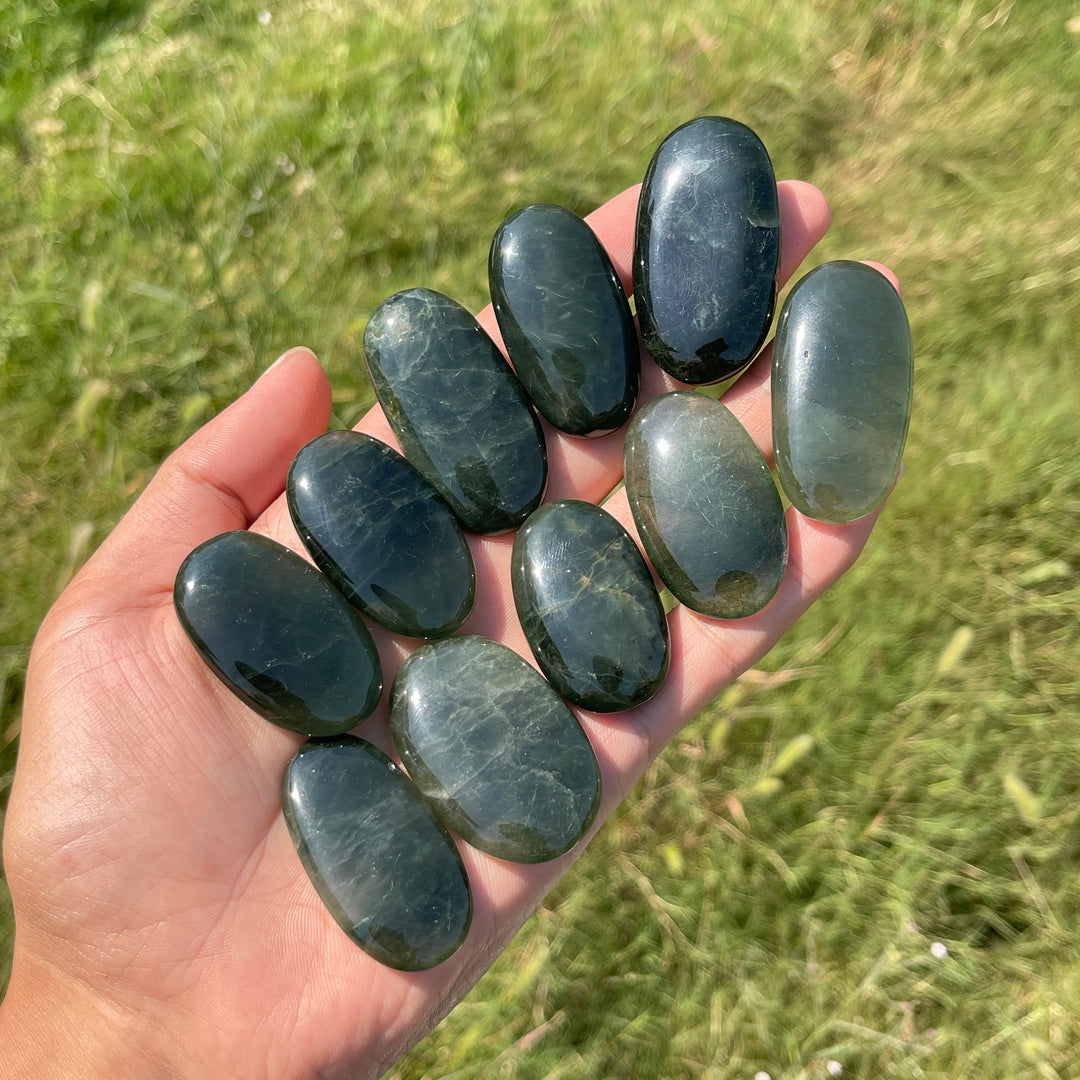 Natural Crystal Actinolite In Clear Quartz Palm Stone