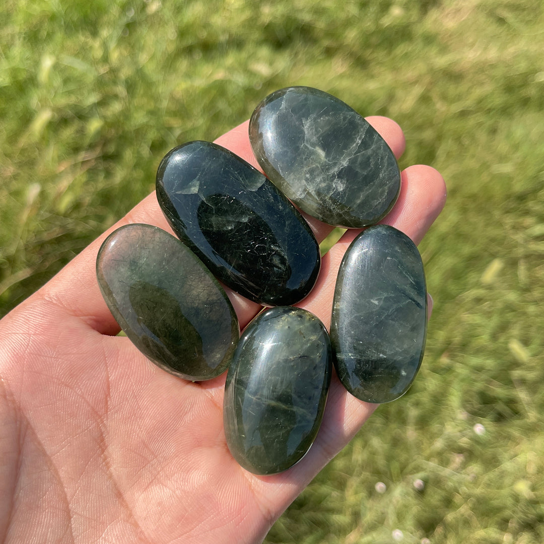 Natural Crystal Actinolite In Clear Quartz Palm Stone