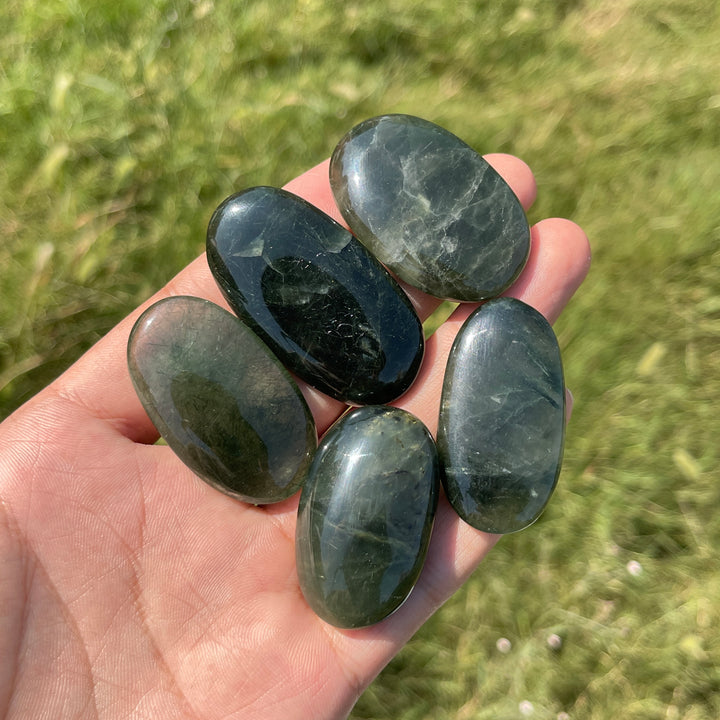 Natural Crystal Actinolite In Clear Quartz Palm Stone