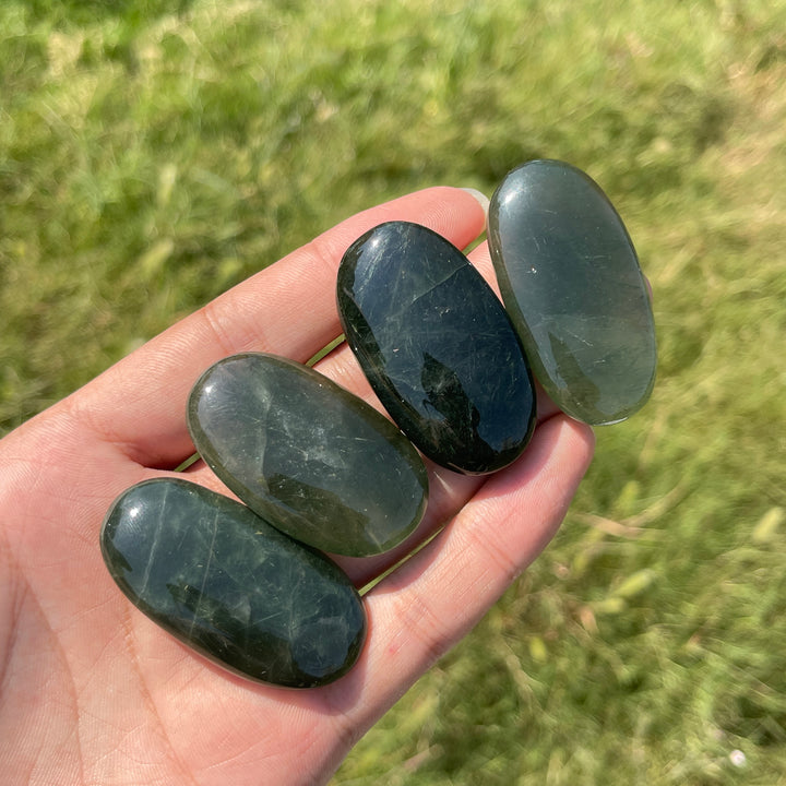 Natural Crystal Actinolite In Clear Quartz Palm Stone
