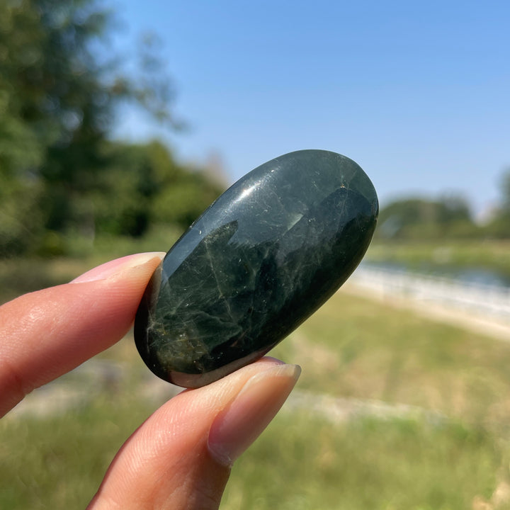 Natural Crystal Actinolite In Clear Quartz Palm Stone