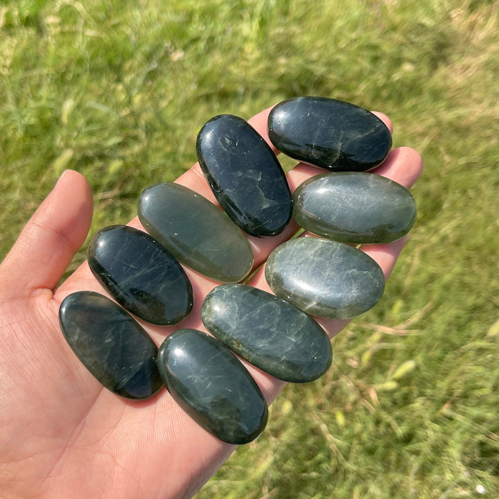 Natural Crystal Actinolite In Clear Quartz Palm Stone