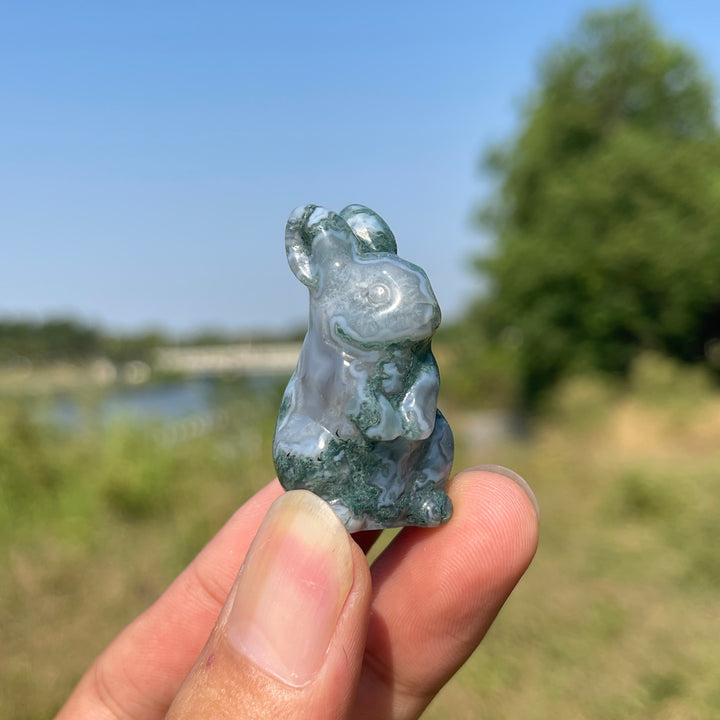 Natural Crystal Carving Moss Agate Cute Rabbit