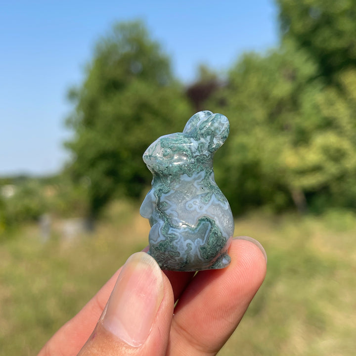Natural Crystal Carving Moss Agate Cute Rabbit