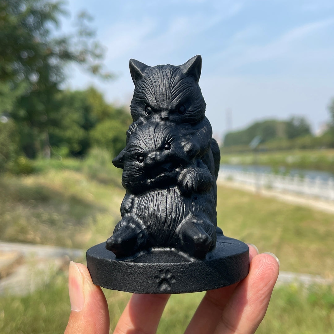 Unique,Natural Crystal Black Obsidian Playful Cats