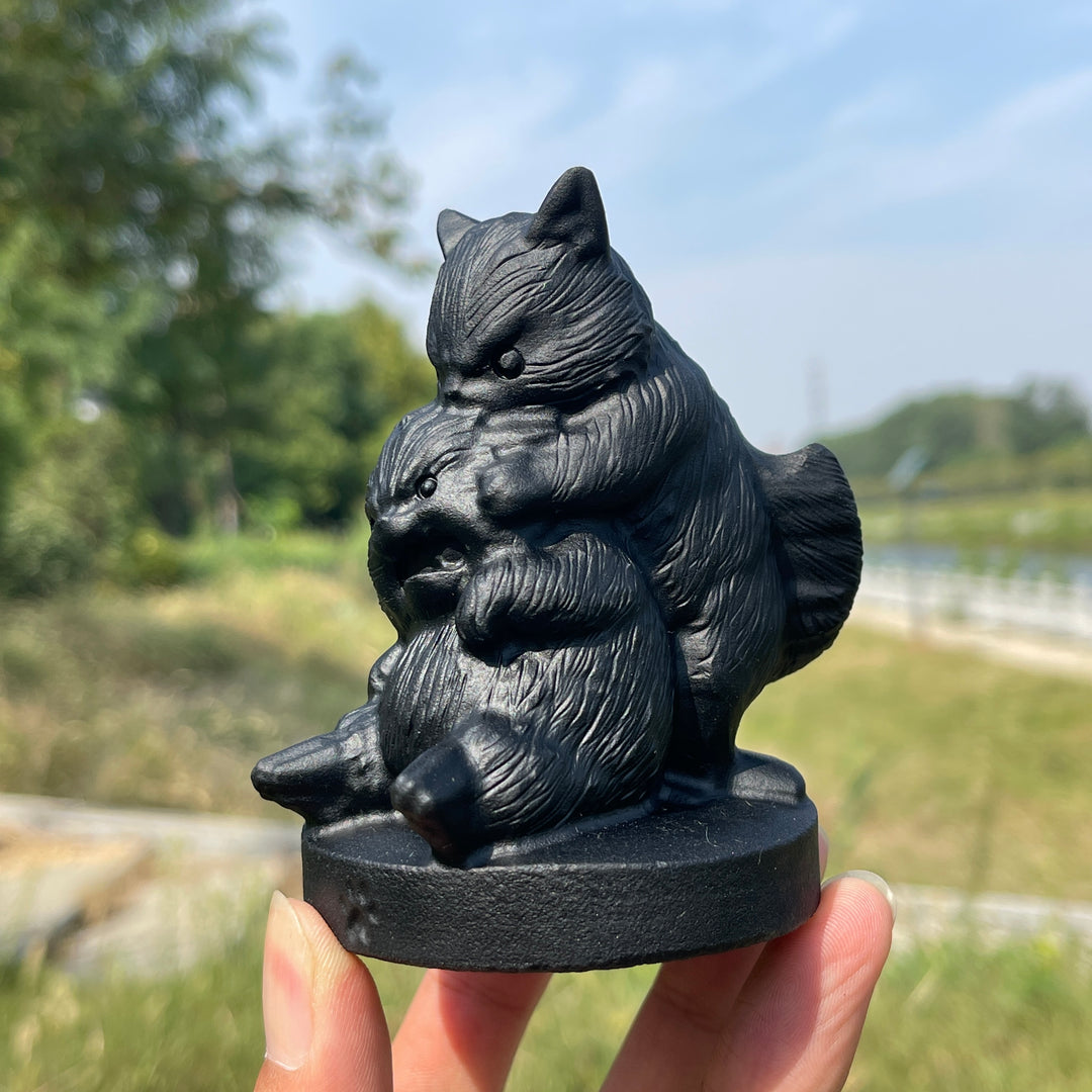Unique,Natural Crystal Black Obsidian Playful Cats