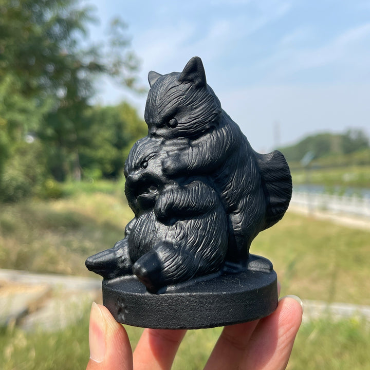 Unique,Natural Crystal Black Obsidian Playful Cats