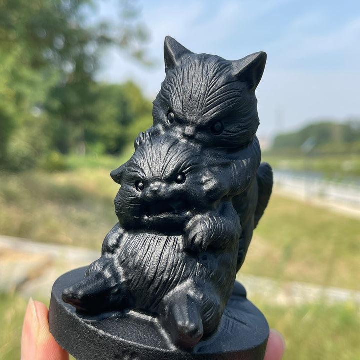 Unique,Natural Crystal Black Obsidian Playful Cats