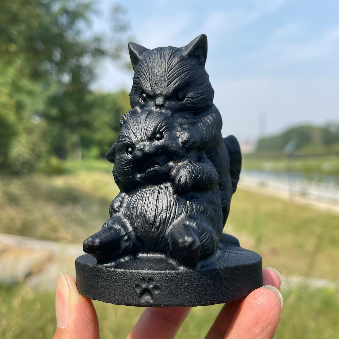 Unique,Natural Crystal Black Obsidian Playful Cats