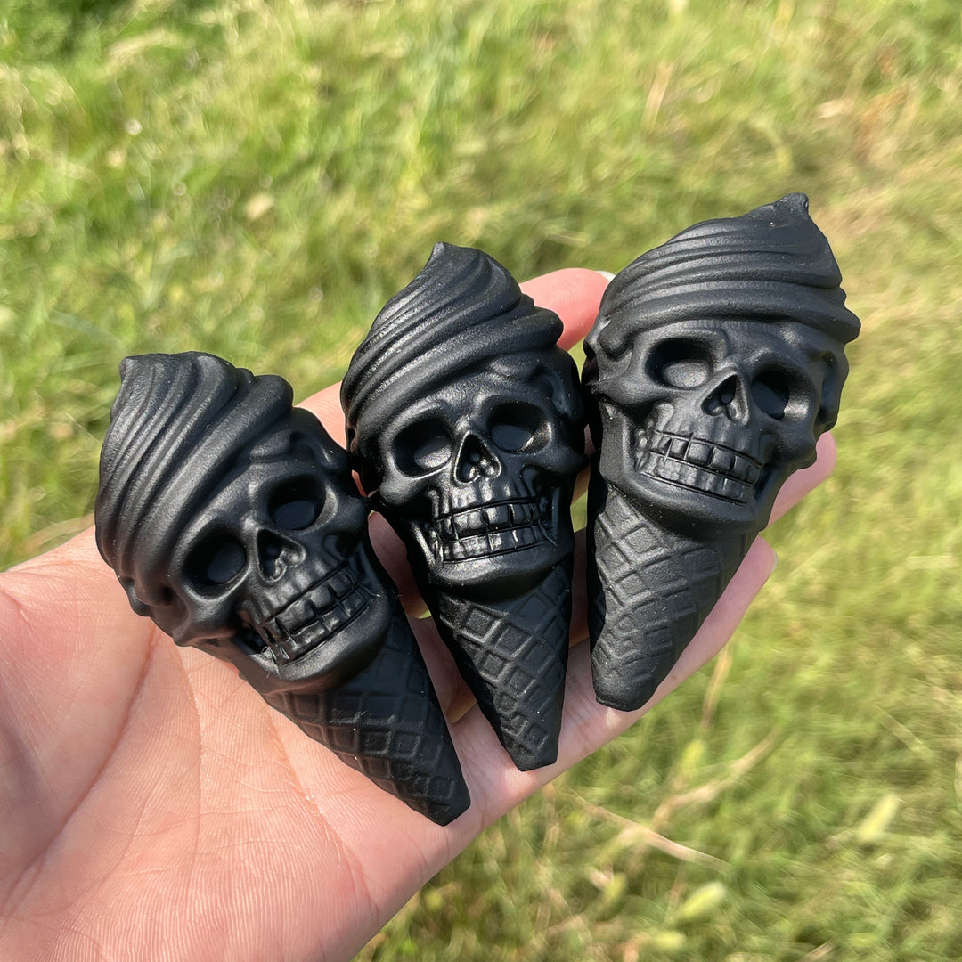 Natural Crystal Carving Black Obsidian Skull Ice Cream