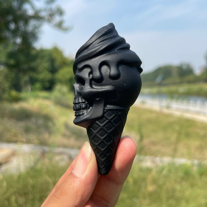 Natural Crystal Carving Black Obsidian Skull Ice Cream