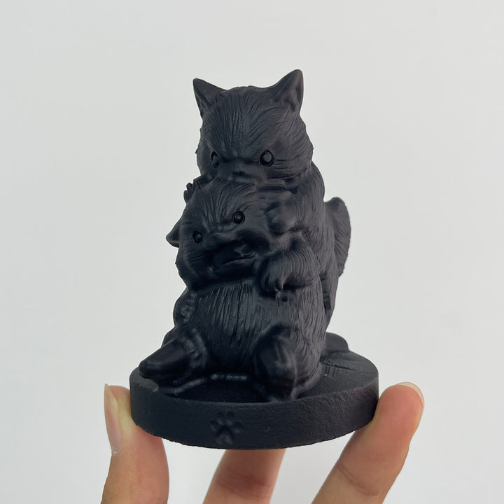 Unique,Natural Crystal Black Obsidian Playful Cats