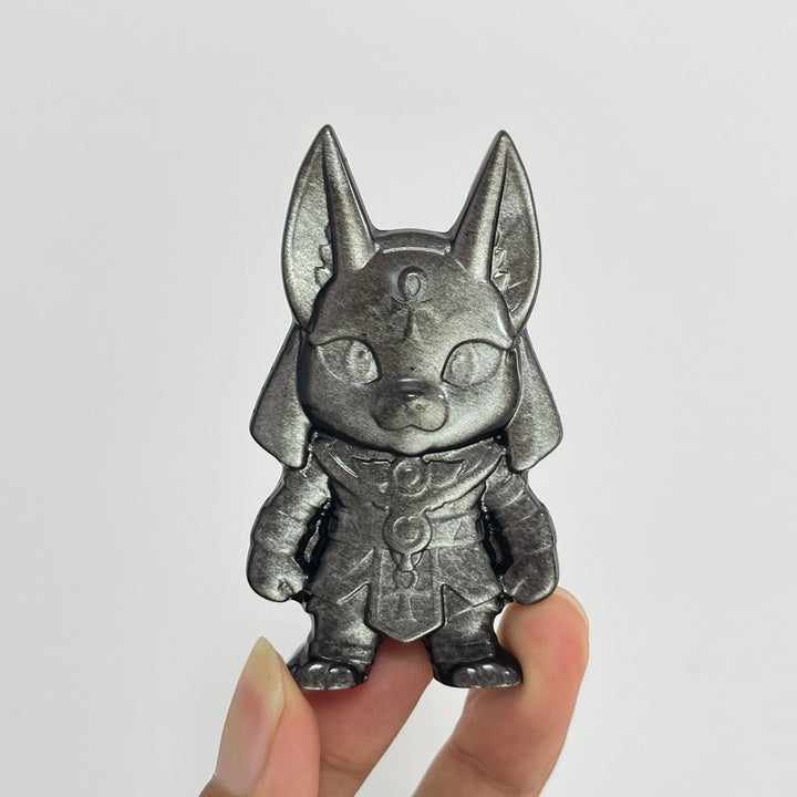 Natural Crystal Carving Silver Obsidian Cute Anubis
