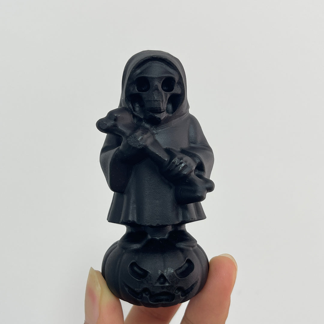 Natural Crystal Black Obsidian Grim Reaper On Pumpkin