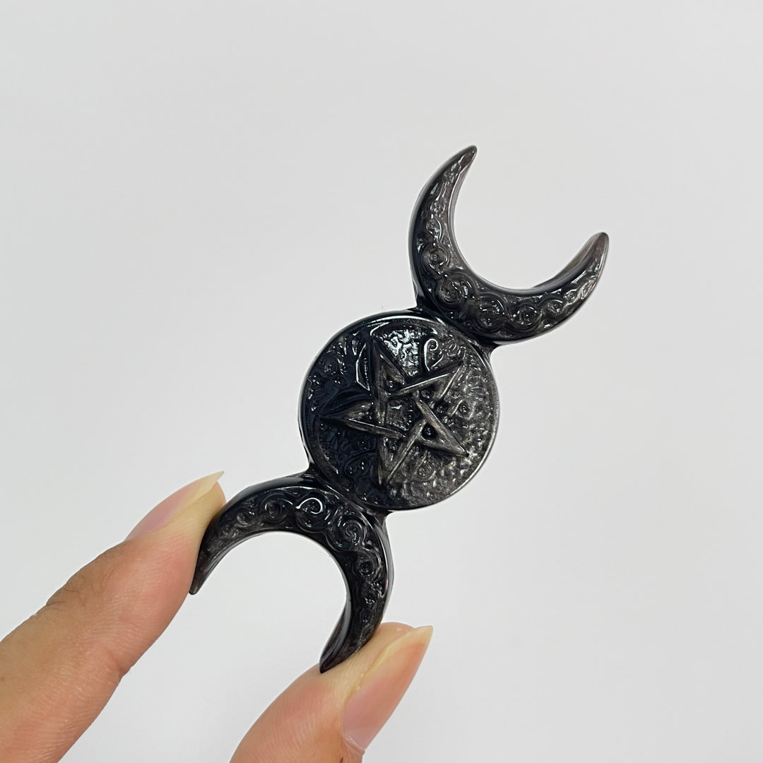 Natural Crystal Carving Silver Obsidian Triple Moon