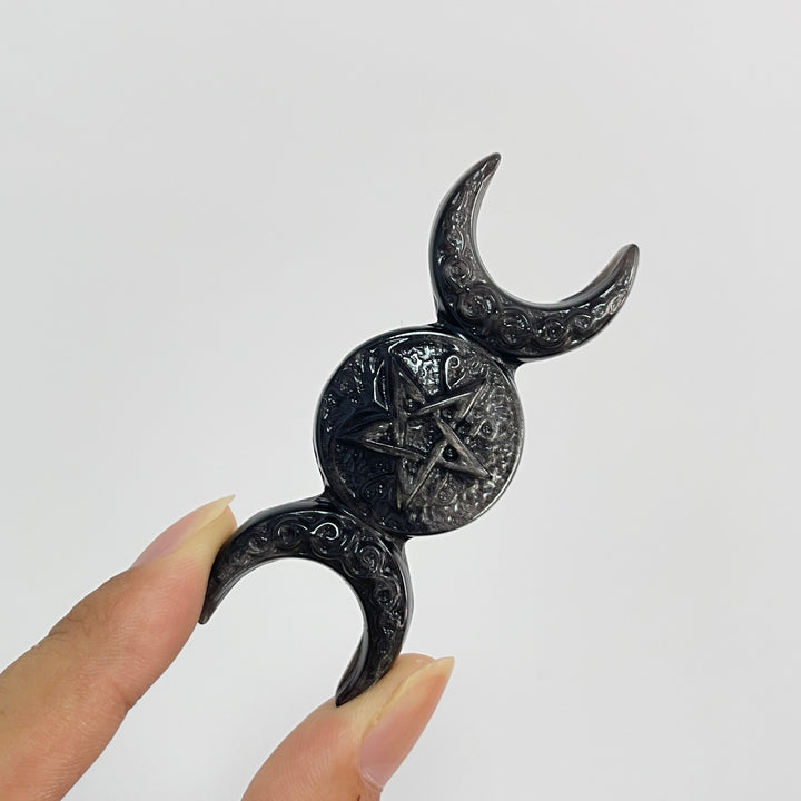 Natural Crystal Carving Silver Obsidian Triple Moon