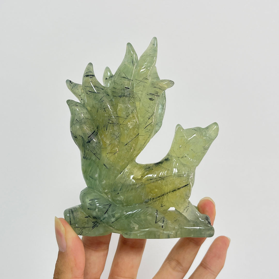 Unique,Natural Crystal Carving Prehnite Nine‑Tailed Fox