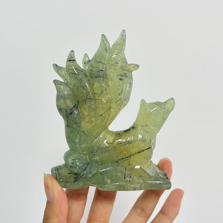 Unique,Natural Crystal Carving Prehnite Nine‑Tailed Fox