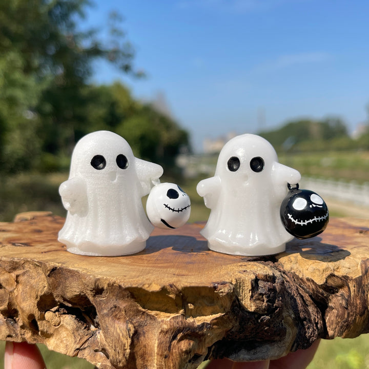 Natural Crystal Carving Cute Ghost With Halloween Bell