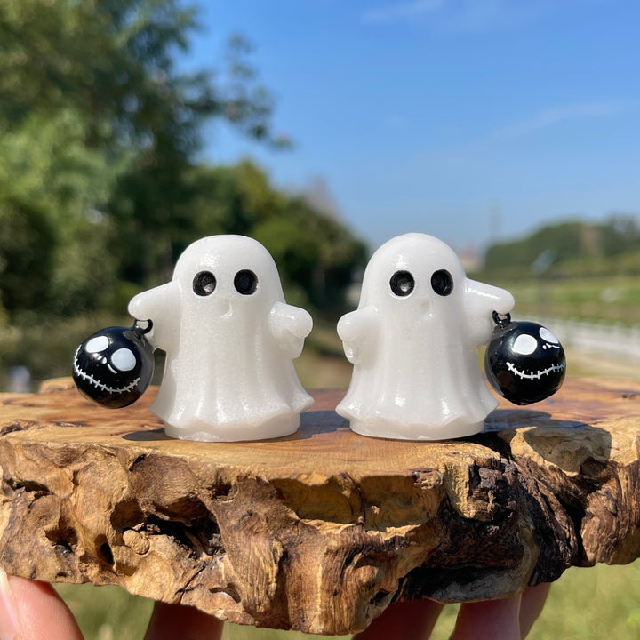 Natural Crystal Carving Cute Ghost With Halloween Bell