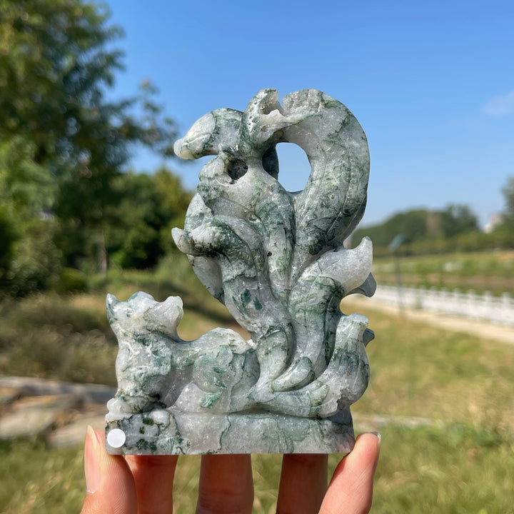 Unique,A Slightly Imperfect Natural Crystal Exquisite Moss Agate Nine‑Tailed Fox