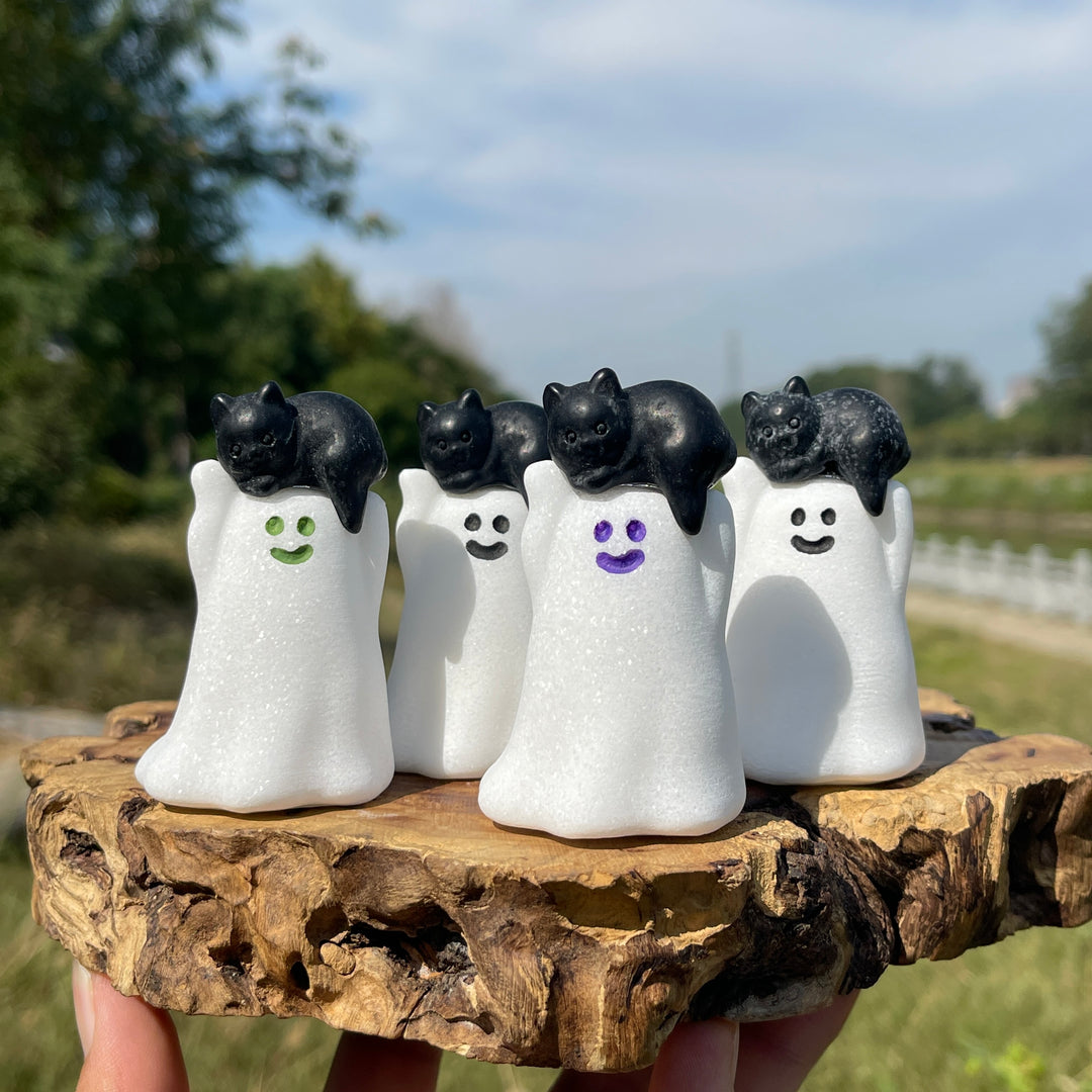 Natural Crystal White Jade Ghost With Cat Carving